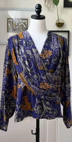 Vintage 90s Sandra Roth 100% Silk Double Breasted Blouse Floral Filagree 12 Purple