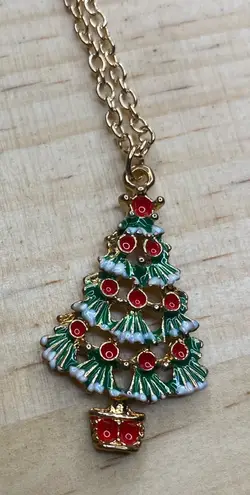 Frosted Decorated Christmas Tree Necklace Festive Holiday Merry Goldtone 1.5in Red