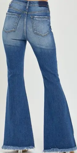 Risen High Rise Front Slit Frayed Hem Flare Jeans Size 1XL Bohemian Hippie Retro Blue