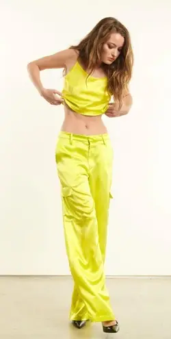 NEW SPRWMN Baggy Low Rise Silk Cargo Pants ELECTRIC CHARTREUSE Green sz XS