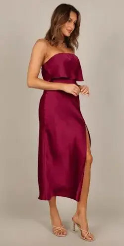 Petal and Pup  Vienna Strapless Berry Satin Ruffle Side Slit Midi Dress L