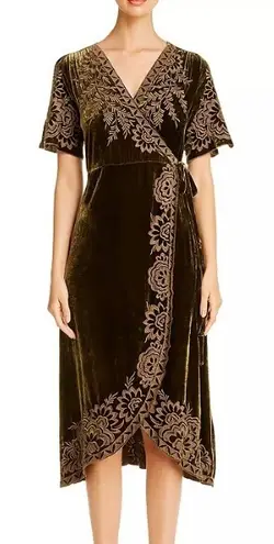 Johnny Was Silk Velvet Embroidered Wrap Dress Olive Green XXL Boho Kimono Sleeve