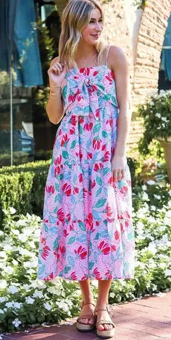 J. Marie Claire Floral Dress Print Bow Square Neck Sleeveless Midi Tiered size M Green Size M