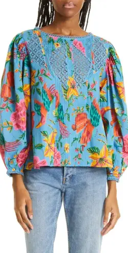 Farm Rio Toucans Lace Inset Balloon Sleeve Cotton Blouse in Blue