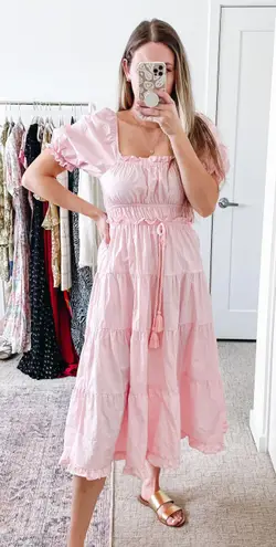 Moon River Light Pink Babydoll Peasant Midi Dress