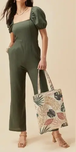 AUDREY PARKS + FRANCESCAS Maisie Puff Sleeve Jumpsuit Women's SIZE MEDIUM linen Green