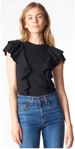 Veronica Beard Bea Ruffle Tee Top Size Small Black Ribbed Cotton Designer - Image 1