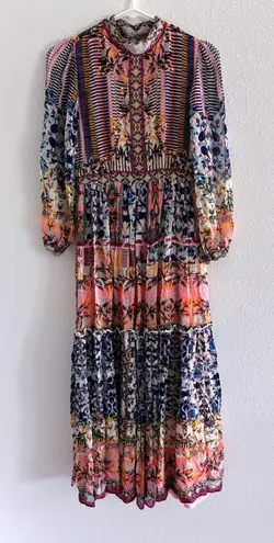 Anthropologie Bhanuni by Jyoti Dress Womens 2 Beaded Tiered Maxi Boho Resort Pink Size XS
