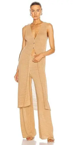 Cult Gaia Holly linen-blend sleeveless long knit top cardigan in light camel XS