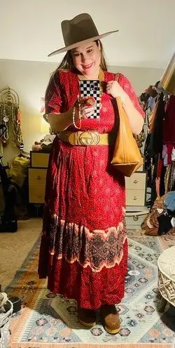 Vintage Red Patterned Boho Maxi Dress with Tie at Waist Size L Size L