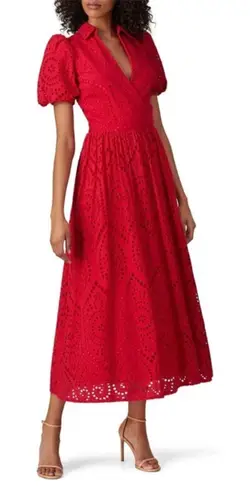 Badgley Mischka Red Eyelet Midi Dress Sz 6
