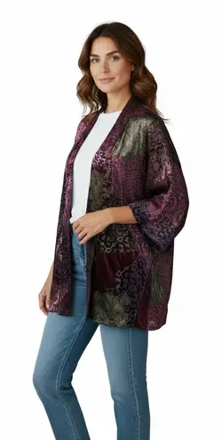 Velvet Burnout Kimono Jacket Size Medium Open Front Purple Green Patchwork Boho - Image 1