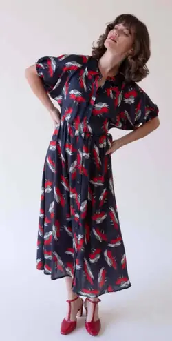 The Great Raven Shirt Midi Dress Buttondown Floral Printed Short Sleeve Size 0