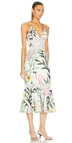 PatBO JAsmin Fitted Midi Dress in White 0 New Womens Floral Resort Green