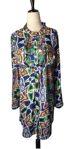 Joy Joy Dress Women Medium Blue Green Abstract Long Sleeve Ruffle Neck Mini