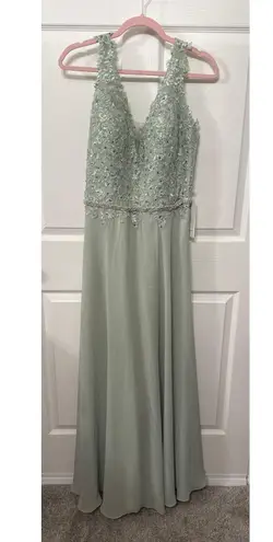 NWT Lavetir Beaded Lace Corset Back Chiffon Maxi Formal Gown in Mint Green, 16 Green