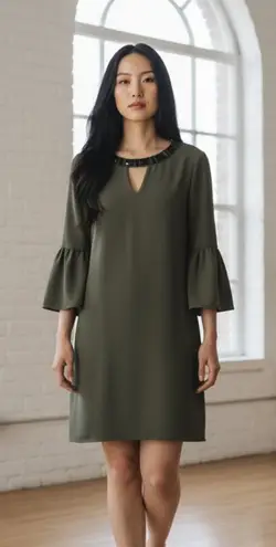 Cynthia Steffe Green Jeweled Neck Bell Sleeve Dress Size 6