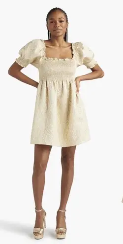 Hill House Dress Athena Nap Babydoll Smocked Mini Bridgerton Gold Brocade S GUC