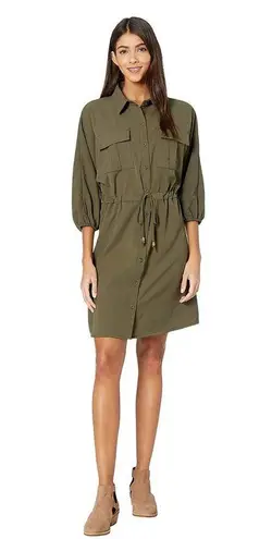 Bishop and Young Safari Olive Green Puff Sleeve Button Up Midi Dress - Small NWT