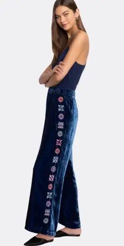 Johnny Was Velvet Wide Leg Pants Embroidered Blue Silk Blend NEW