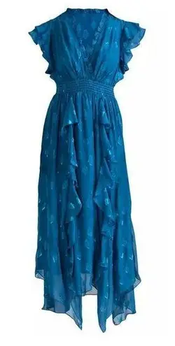 Shoshanna Maxine Metallic Midi Dress Ruffled in Dark Cerulean Blue Women's 6 NEW