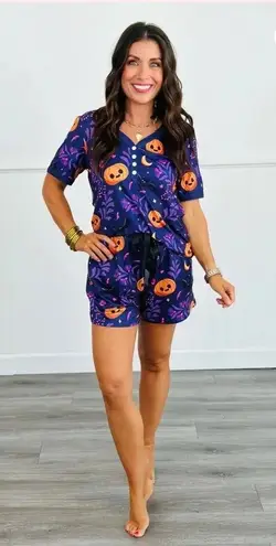 Shirley & Stone Purple Pumpkin Short With Short Sleeve Pajama Set Size 2xl