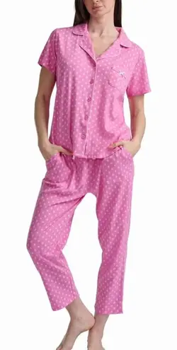 NWT Karen Neuburger Notch Collar 2Piece Slim Leg Pajama Set White Pink Geometric Size M
