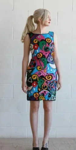 Laurence Kazar Sequined Pop Art Multicolor Sleeveless 80s Vintage Sheath Dress