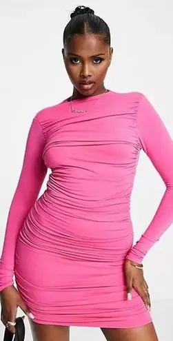 Naked Wardrobe Ruched Long Sleeve Open Back Mini Dress in Cream