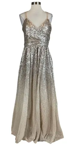 Eliza J Sequined Backless Sleeveless Long Ball Gown Gold Size 8 Formal Dress