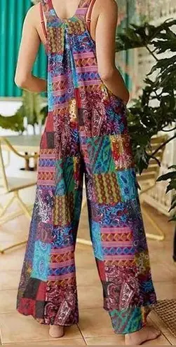 Bohemian Colorful Patchwork Suspender Jumpsuit Wide Leg S Blue