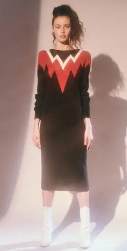 Vintage 80s Retro Angora Long Sleeve Midi Knit Sweater Dress Medium Black