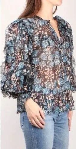 Ulla Johnson Isadora Sill Lurex Indigo Blue Sheer Floral Ruffle Blouse Size 0