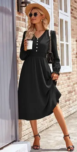 NEW Black Smocked Waist Button Front Long Puff Sleeve Midi Dress Size L