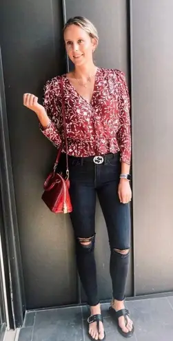 The Kooples Botanical-Print Puff-Sleeve Peplum Silk Top Red Womens Size 2 Medium