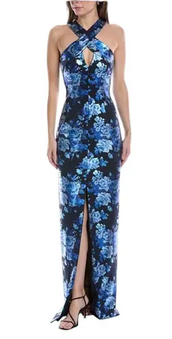 Black Halo Charlene Metallic Floral Evening Gown Halter Column Floor Length 14