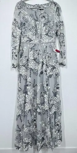 Mac Duggal Floral Embroidered Illusion Long Sleeve Gown Platinum Silver NWT 8