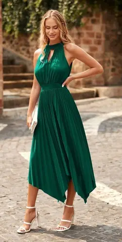 ✨Women Midi Dresses Green Sleeveless Halter Irregular High Waist Sz L Sundress✨ Size L