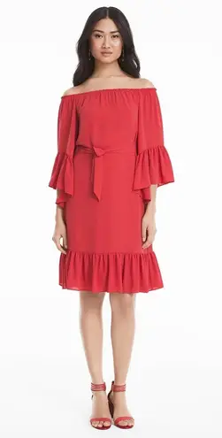 White House | Black Market WHBM Coral Off-The-Shoulder Flounce Dress