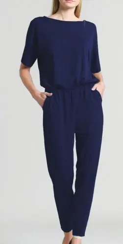 Clara Sun Woo Navy Crepe Open Back Short Sleeve Stretch Travel Jumpsuit