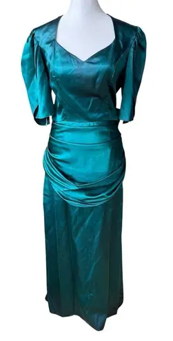 Vintage 80s Dk Green Satin Backless Oversized Bow Floor Length Prom Dress AS IS Size undefined