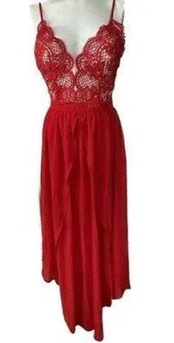 Latulle Red Lace Embroidered Applique Sheer Chiffon Flowy Front Slits Prom Dress