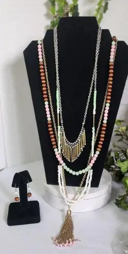 Oori Boho 3 Necklace Set with Tassel New Pink