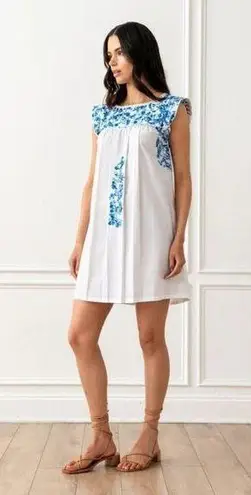 Mi Golondrina Flores Short Dress Cielo Mexicano Size XS White Blue Embroidered