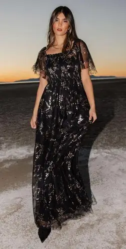 Baltic Born Black & Gold Metallic Floral Cassandra Tulle Maxi Dress Size Small