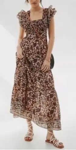 Love the Label Maxi Dress Ruffle Shoulder Square Neck Small Brown