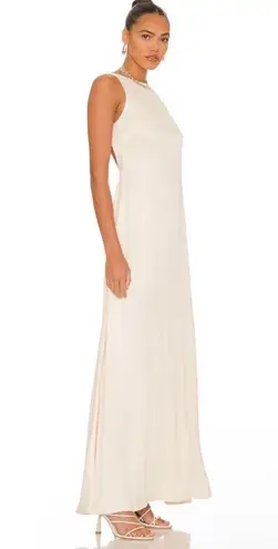 L'Academie  Acton Maxi Dress, Open Back Tie Neck, Ivory Satin Size S, New w/Tag