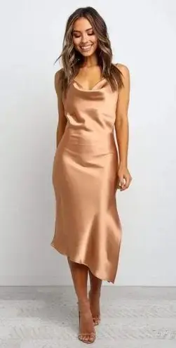 Petal and Pup Cyprus Gold Satin Midi Asymmetrical Hem Dress 0