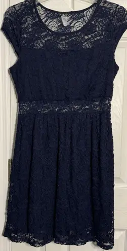 Deb Navy Blue Lace Dress, Cap Sleeve, Sheer Mid Section, Cocktail, Wedding, 1X