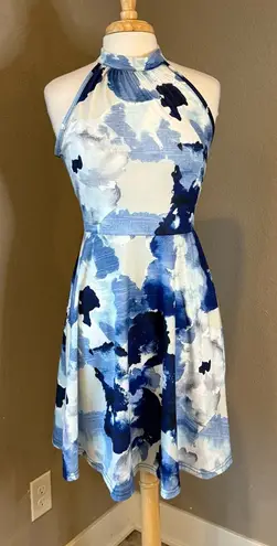 Elegant Blue and White Halter Dress Size M